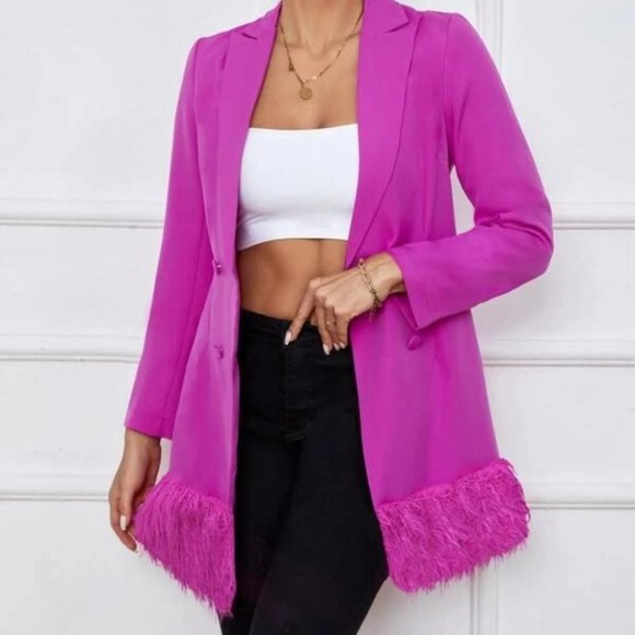 violet Lapel Neck Fuzzy detailed hem Double Breasted Blazer - Picture 6 of 6